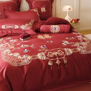 Baizi He Xi, Chinese Wedding Long-staple Cotton Festive Bag Embroidery Four-piece Set Wedding Accompanying Bedding