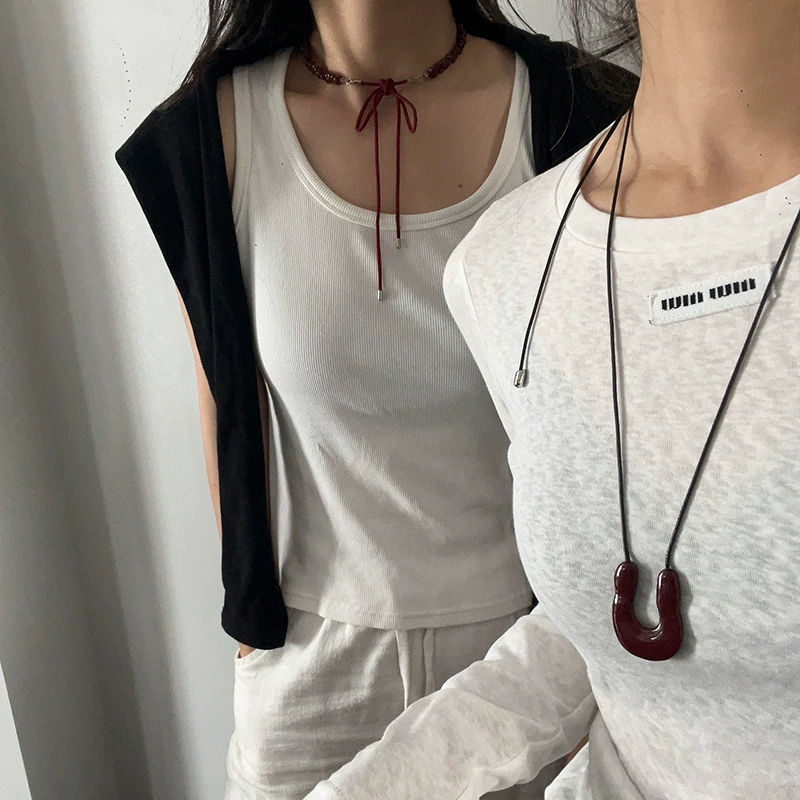 Pendant Necklace, Stainless Steel & Leather Rope, Burgundy/Black/Silver, 7 cm Pendant