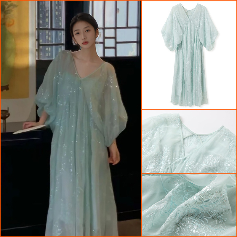 National Style Summer New Loose Sequin Embroidered Fairy Dress New Chinese Style Elegant Dress for Women N4038 National Style Summer New Loose Sequin Embroidered Fairy Dress New Chinese Style Elegant Dress for Women N4038