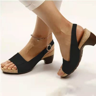 Sandals Women's Foreign Trade Large Size 2023 Spring and Summer New European and American Fish-mouth Beach Chunky Heel Women's High Heel Sandals with Buckle