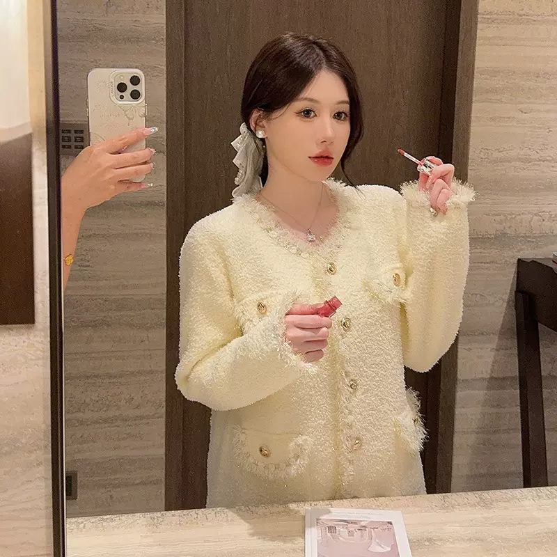 小香风睡衣女2025秋冬新款半边绒米白色金丝高级感保暖家居服批发