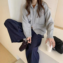 跨境外贸新款立领双拉链设计感口袋长袖宽松大码加厚针织开衫女