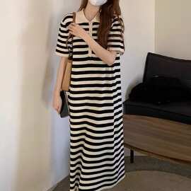 胖妹妹条纹polo衫连衣裙女夏季新款宽松设计感小众长款短袖针织裙