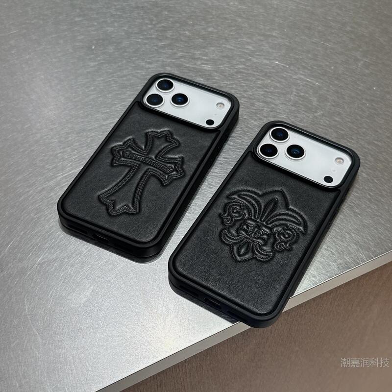 Trendy Brand Chrome Hearts Suitable for Apple 17 Pro Max Phone Case iPhone 16 Three-Dimensional Cross Leather Full-Cover Anti-Drop