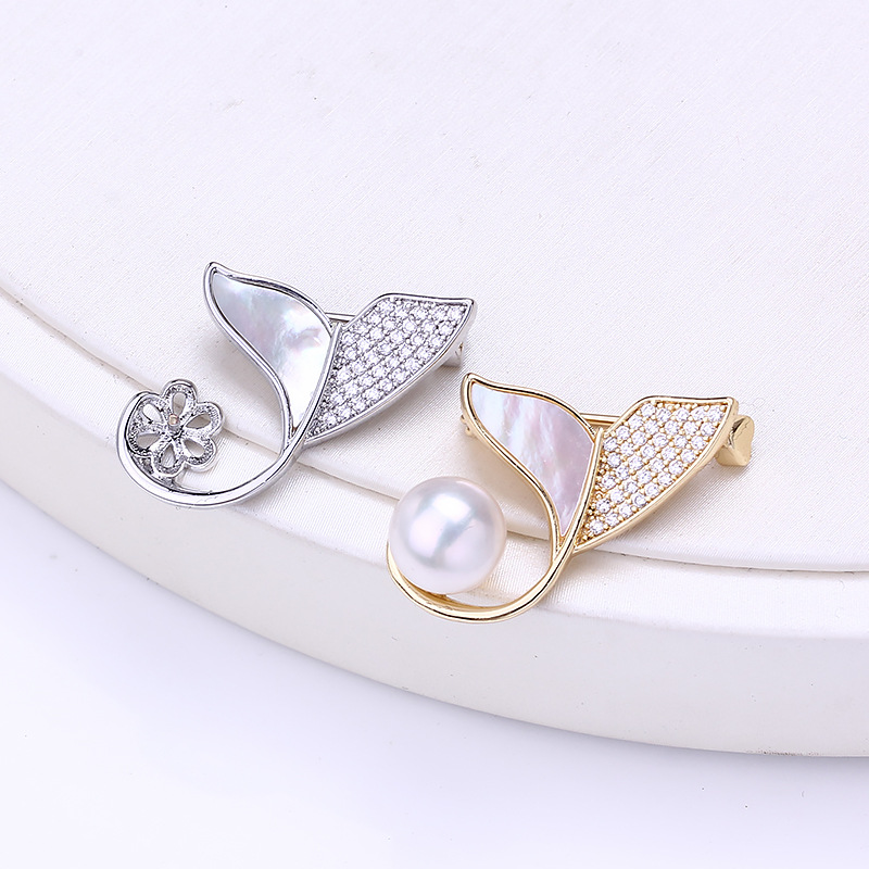 DIY Accessories Copper Gold-Plated Inlaid Zircon Fishtail Pearl Brooch Accessories Empty Support Accessories Corsage Trendy Accessories for Women