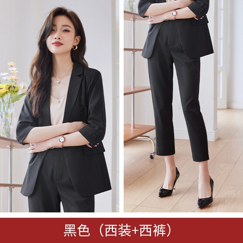 薄いスーツスーツ女性の夏 2025 カジュアル気質ファッションプロフェッショナル作業服小人七分袖スーツ|undefined