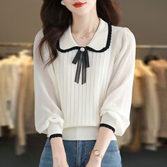娃娃领长袖t恤女春秋2025新款减龄翻领针织衫洋气小衫蕾丝打底衫