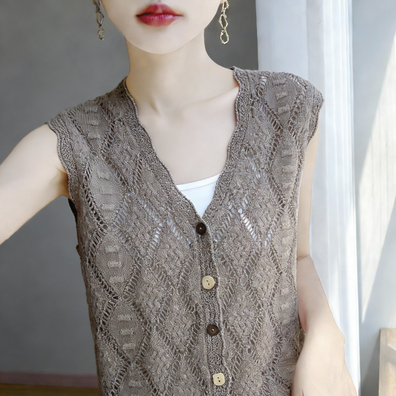 Old Money Style Crochet Hollow-Out Vest Linen Sleeveless Knit Cardigan Top for Women Layering Summer Vest