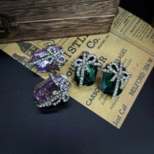 中古vintage复古气质宫廷风梦幻紫施华洛方钻 镶嵌蝴蝶结耳夹