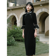 黑色改良旗袍七分袖2022年秋季新款年輕款少女氣質連衣裙日常可穿