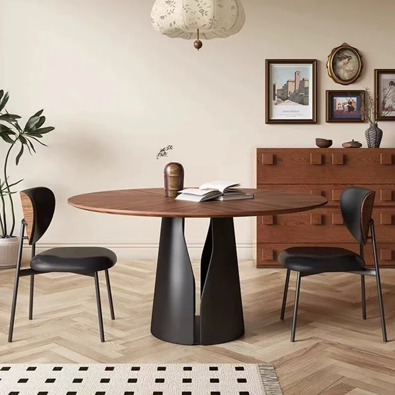 Mesa de comedor redonda de madera sólida retro, madera de nuez negra, mosaico medieval, estilo americano, mesa redonda doméstica pequeña con mesa giratoria