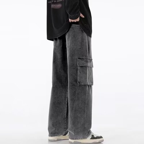 Men's Spring and Autumn Workwear Jeans with Elastic Waist Loose Straight Leg Wide Leg Versatile Casual Long Pants 2025
