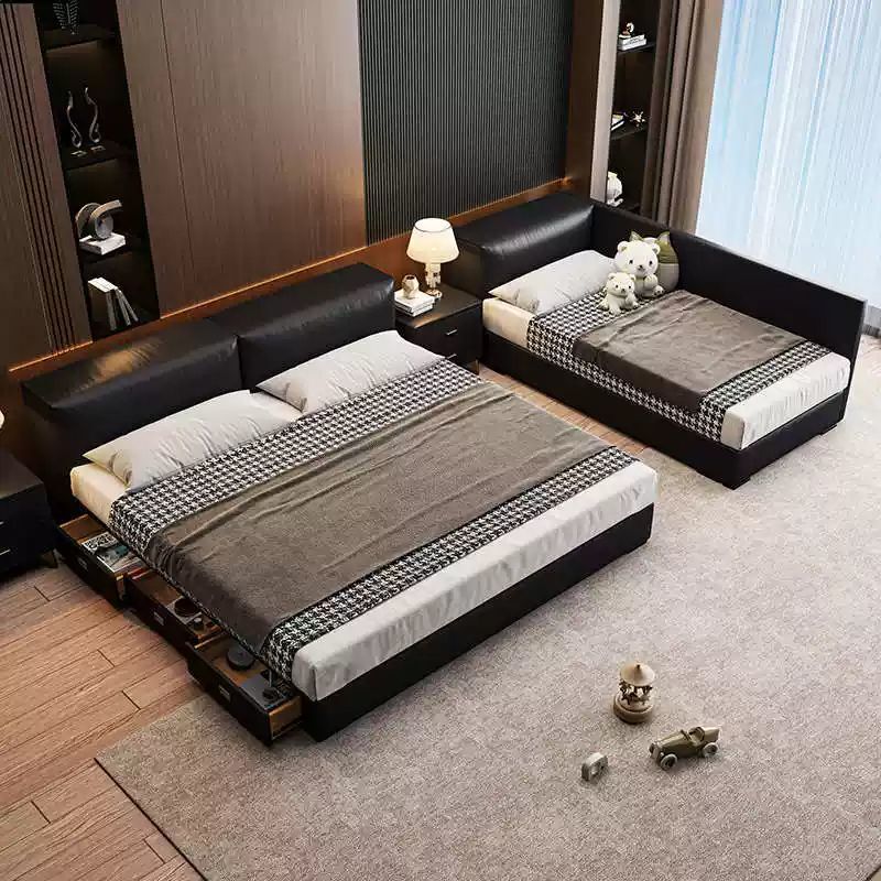 Genuine Leather Family King Bed for a Family of Three, Master Bedroom Double Bed Splicing Family Three-Person Widened Tatami Bed