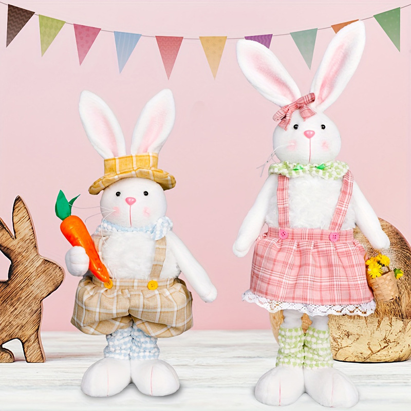 復活節長腿站姿伸縮腿兔子家居裝飾擺件抱胡蘿蔔花籃玩偶兔子擺件