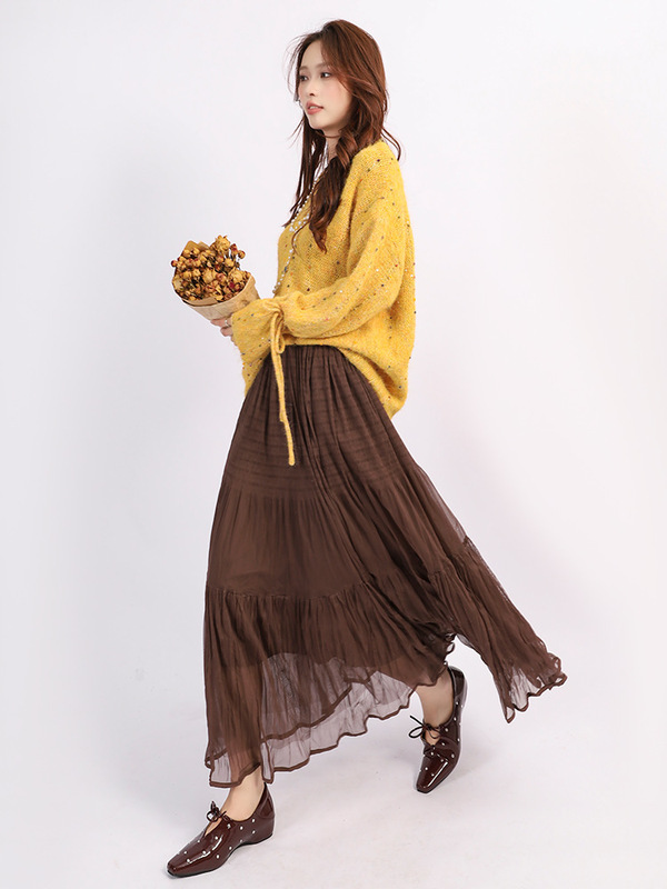 菲媛时尚简约百搭纯色网纱裙女 早秋新款高腰松紧大摆仙女裙|undefined