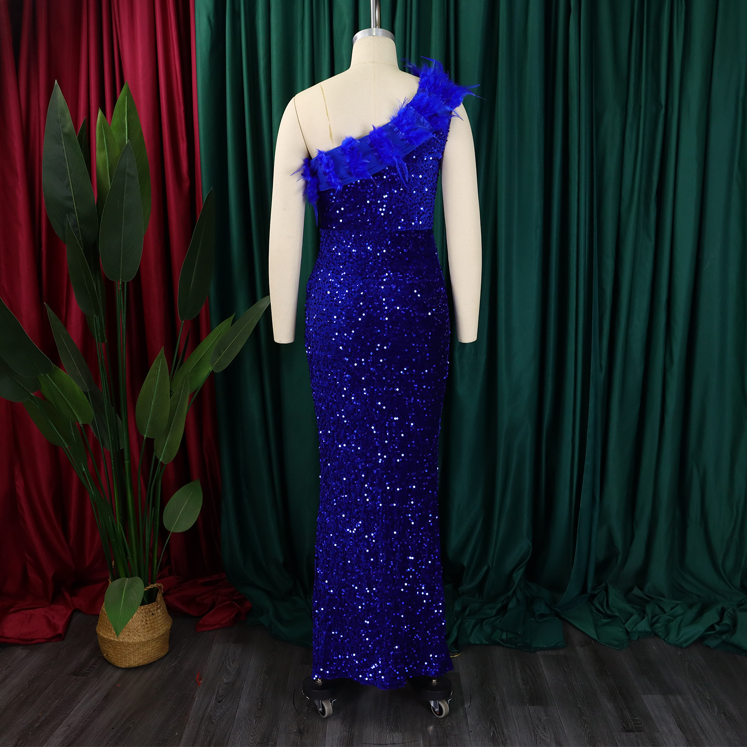 Women's Clothing women's summer sexy fashion feather oblique collar banquet dress skirt sequin slit long skirt_voghion.com
