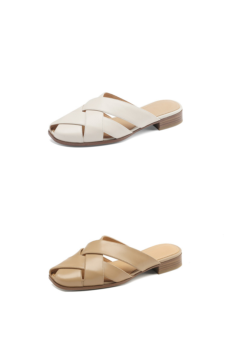 Dép sandal nữ mũi nhọn đế bệt da cừu dệt mùa hè — Màu trắng be chi tiết 18