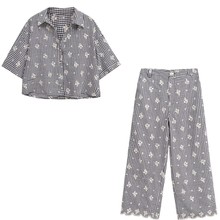 外贸女装2025秋季欧美风镂空刺绣格纹衬衫+休闲裤套装女F79894/3F