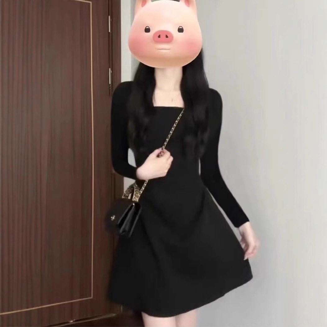 헵번 프랑스 스타일 블랙 스퀘어 칼라 긴 소매 원피스 슬림 새로운 도착 작은 허리 검은 치마