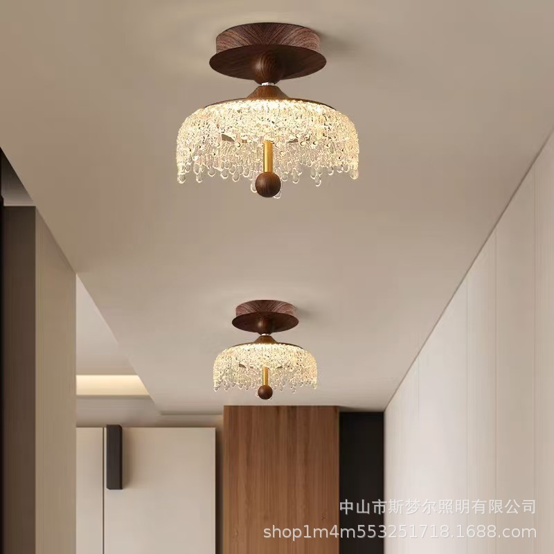 中古水滴复古胡桃木色过道灯轻奢升降餐厅吊灯法式简约床头小吊灯|undefined