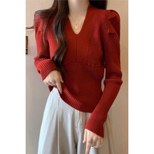 2025新款秋冬红色V领针织内搭打底衫胖mm遮肚显瘦修身高级毛衣女