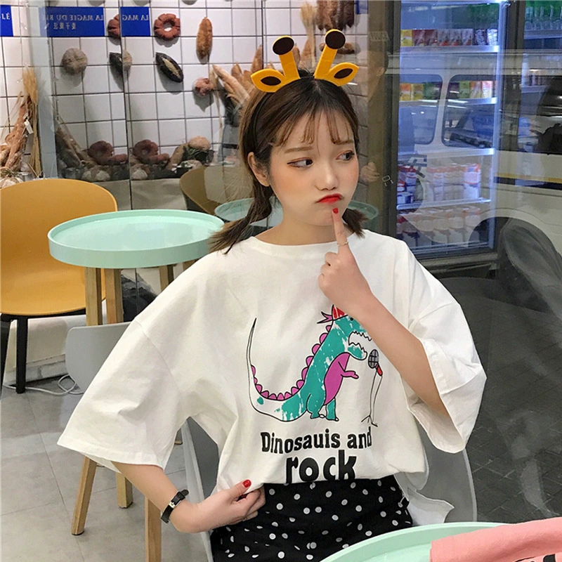 Корейская новая хлопковая свободная мультяшная футболка с короткими рукавами и круглым вырезом женская летняя повседневная гонконгская рубашка chic