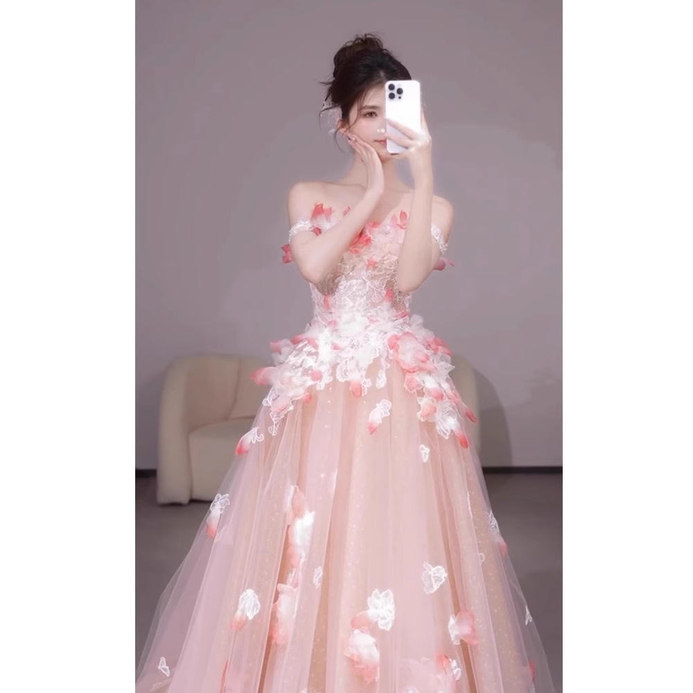 Vestido de noche rosa para mujer, vestido de compromiso con flores de un solo hombro, banquete de cumpleaños, anfitrión, ceremonia para adultos, vestido de brindis, novia