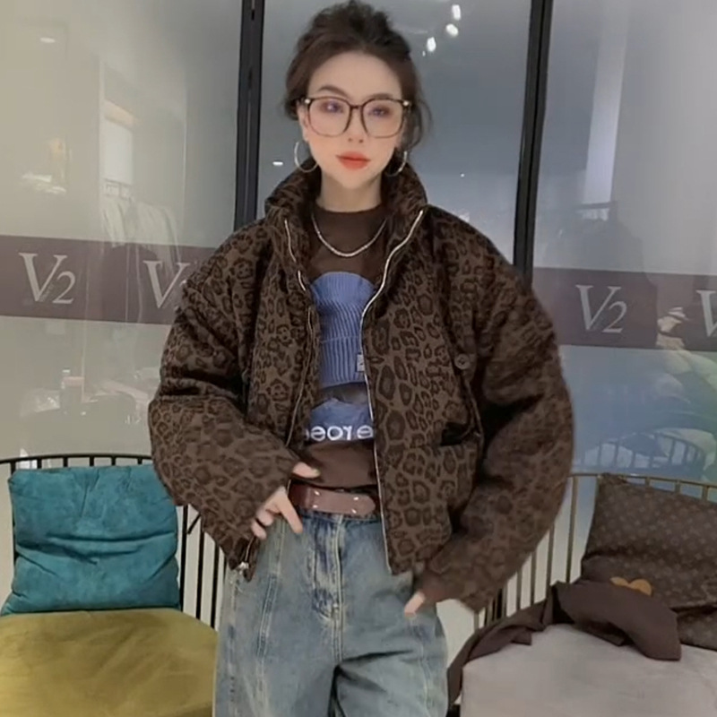 레오파드 프린트 여성용 짧은 다운 재킷, 두꺼운 겨울 신상, 고급스러운 스타일의 스탠드 칼라 패딩 재킷