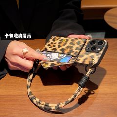 国境を越えた適用 iPhone16promax 携帯電話ケース ヒョウ柄カードホルダー レザーケース ip15 ブレスレットレザーケース ip14 レザーケース