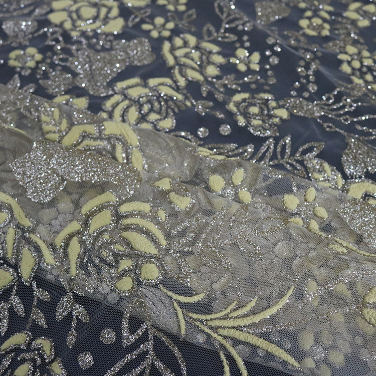 Después del proceso de tela de malla de poliéster todo hilo de malla pulverizado oro oro vestido de boda vestido de princesa relieve palacio tela de ropa Han