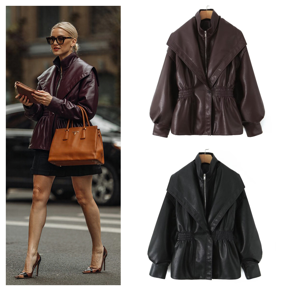 Top&Za Cross-Border 2025 New Spring & Fall European and American Style Women's Fashion Lapel Lantern Sleeve Imitation Leather Jacket