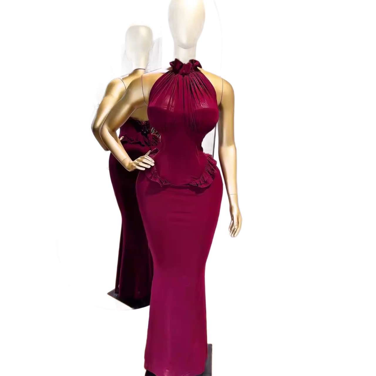 Women's Clothing Slimming Long Evening Dress Sleeveless Halter Neck American Style For Autumn Winter_ecoleips.com
