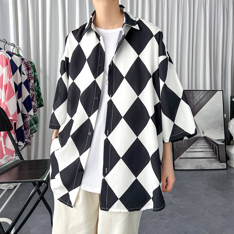 Trendy Street-Style Ice Silk Shirt for Men with Unique Design, Stylish and Cool, Three-Quarter Sleeve Mustard Green Shirt