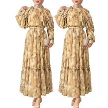 M4087亚马逊跨境中东花朵袖子披肩小设计收腰长款气质优雅连衣裙