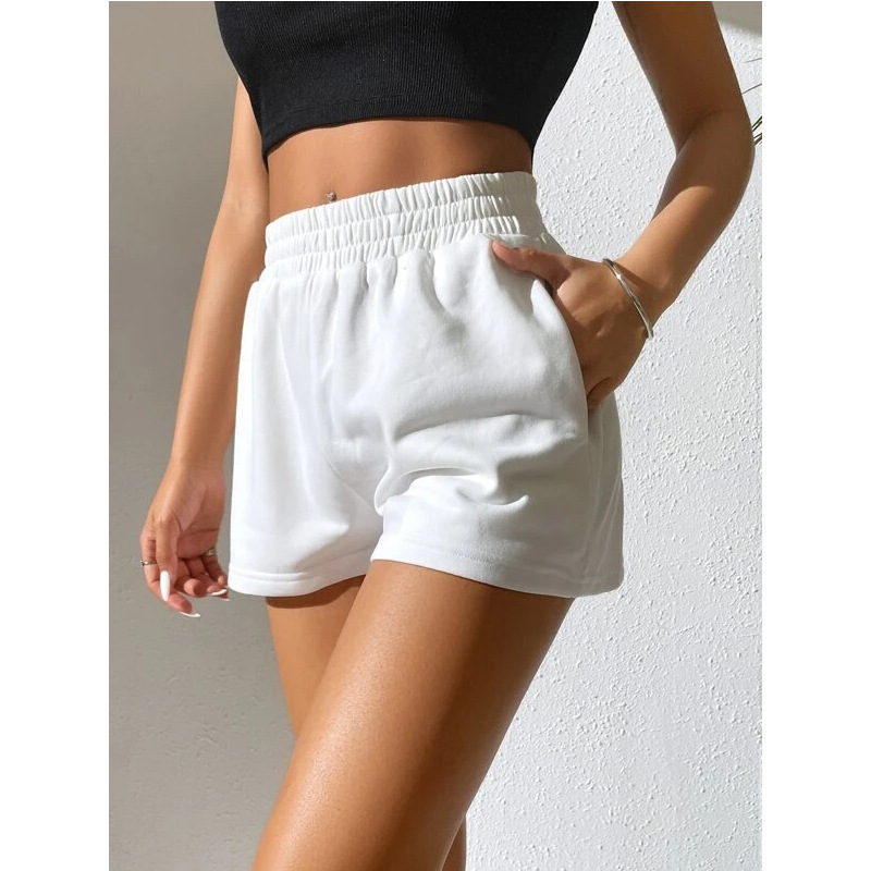 2024 Women's European and American Foreign Trade Cross-Border Amazon Elastic Waist Loose Wide Leg Solid Color Sports Shorts Loose and Slim