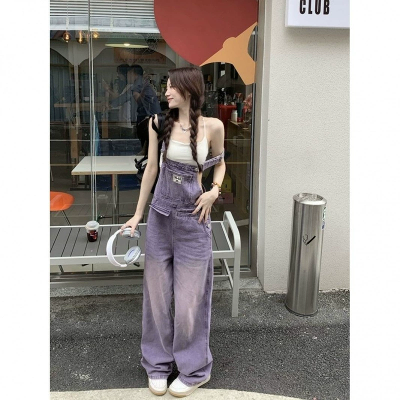 Комбинезоны весенне-летние женские ретро-фиолетовые прямые брюки-карго с высокой талией, свободные утягивающие широкие джинсовые комбинезоны, уменьшающие возраст