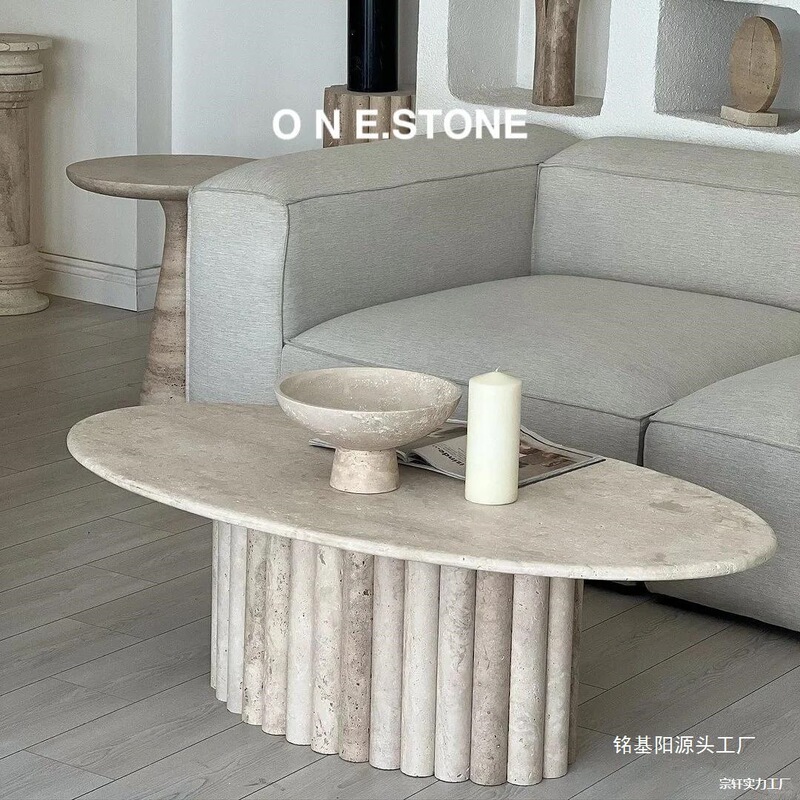 Wabi-Sabi Style Marble Travertine Coffee Table Living Room Home Light Luxury Designer Oval Table