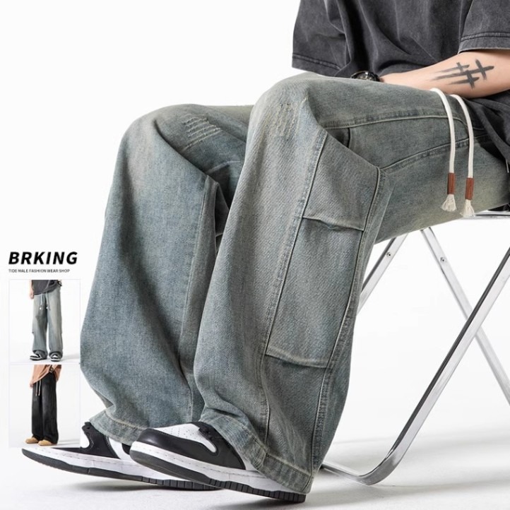 Spring and Autumn High Street Washed Jeans Men's American Retro Trendy Brand Straight Summer Casual Loose Casual Long Pants Men