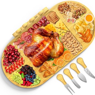 Acacia Cheese Board 3-Section Magnetic Long Round Board with Knife Set, Wine Bottle Opener and Cheese Marker