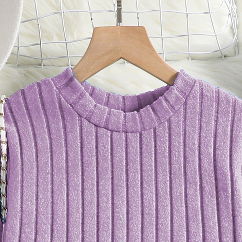 Traje casual para niñas, novedad de otoño e invierno de 2024, top de manga larga con rayas en los hoyos, pantalones acampanados, ropa para niños_voghion.com