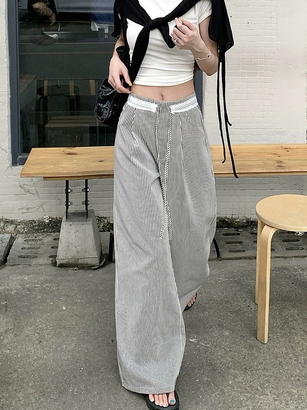 条纹花边腰头拼接直筒休闲裤女秋季新款抽绳高腰显瘦宽松阔腿长裤|undefined