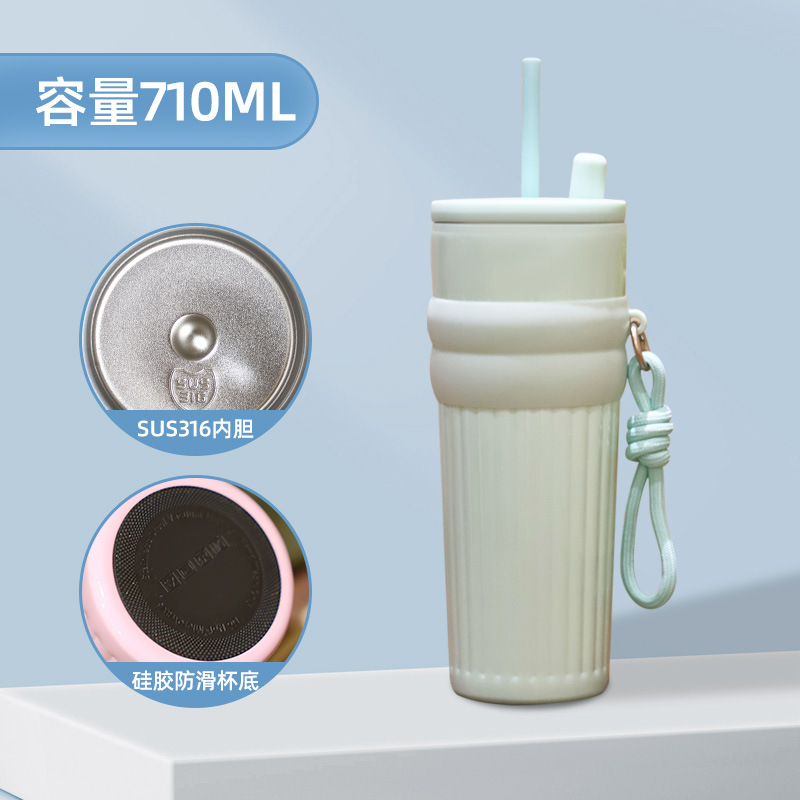 Nueva taza de paja de alto valor facial con cuerda 316 taza de aislamiento térmico de acero inoxidable taza de hielo portátil de gran capacidad