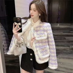 秋冬の新型韓国版バイオレット名媛ミンク毛小香風コート女性は綿毛を厚く挟んでいます。