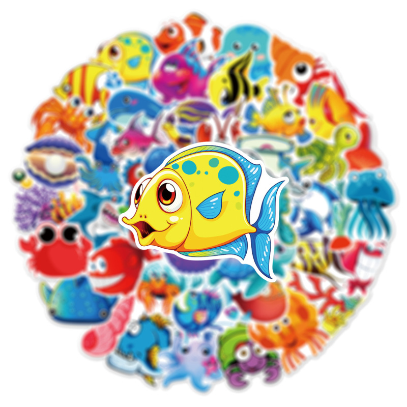 60枚の漫画海洋生物落書きシールはスーツケースのコップの文房具を描いています。|undefined