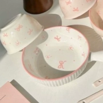 Tableware Set (Cute) with Bow Accent, Ceramic Dinnerware, Multiple Sizes 4.5–8.5 in