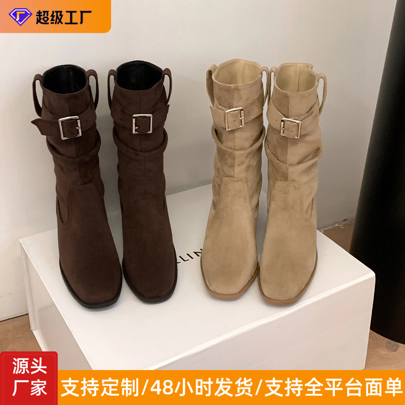 Retro Suede Thick Heel Maillard Mid-Calf Boots for Women 2025 Autumn and Winter New Style Pile Boots Short Boots Western Boots