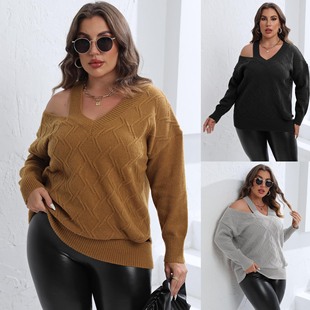 Cross-border European and American plus size Women's Autumn and Winter Pullover Top Personality Shoulder-exposed Machine-woven Sweater Diamond Striped V-neck Sweater