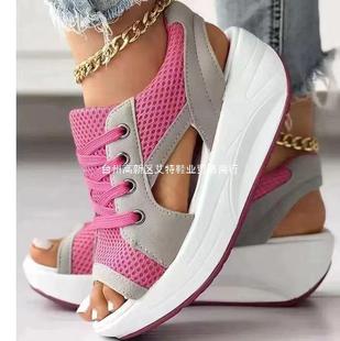 European and American cross-border plus size sandals women's summer new fashion peep toe sandals lace-up wedge rocking bottom sports sandals
