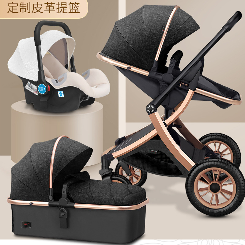 블랙 3-in-1 [유모차 + 화이트 가죽 바구니]