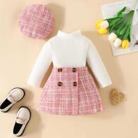 跨境电商新款女童秋冬装罗纹长袖衬衫毛衣纽扣裙 2 件可爱裙套装